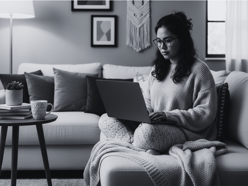 Woman wearing glasses, sitting on her sofa with laptop to create a mini-course. The sofa is cozy with blanket and pillows.