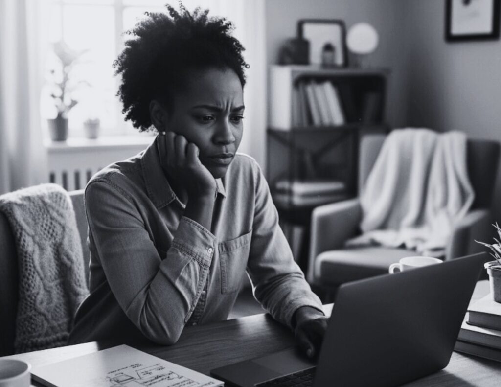 Woman at laptop, overwhelmed, wants to create a course