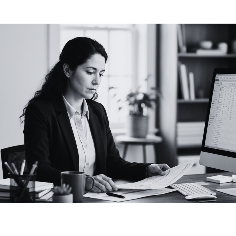 Female sitting at her desk reviewing course information to validate hercourse idea