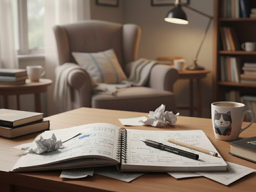 A messy notebook representing the ideation phase of creating a digital product.