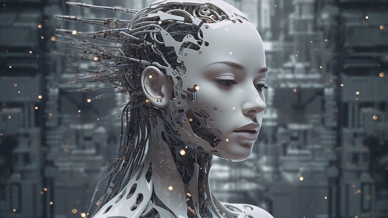 digital representation of an ai robot, smooth white female face, circuits showing used to convey ai to help create digital products after 50