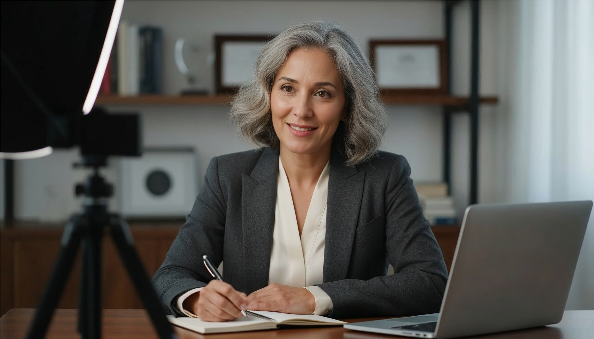 create a course video, gracefully aging woman sits in front of laptop