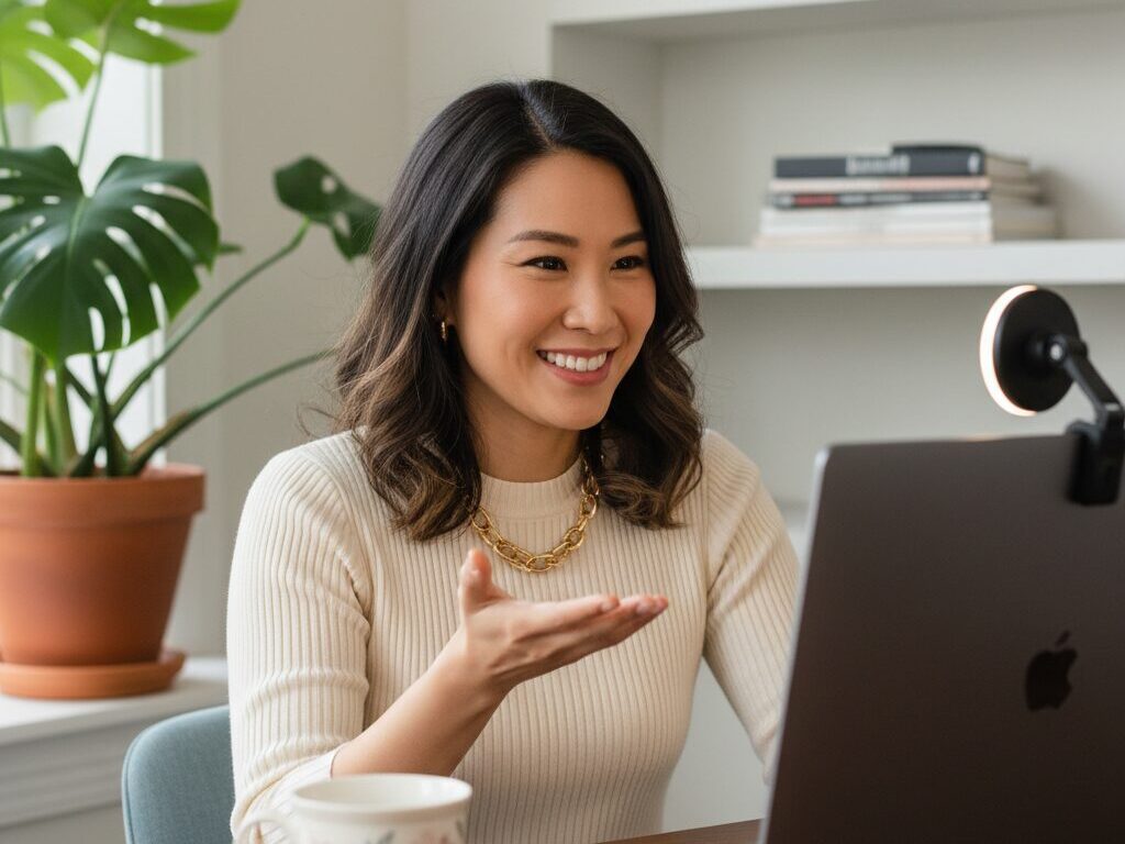 A woman teaching online, the best digital product format for her, wearing a light colored sweater, on laptop