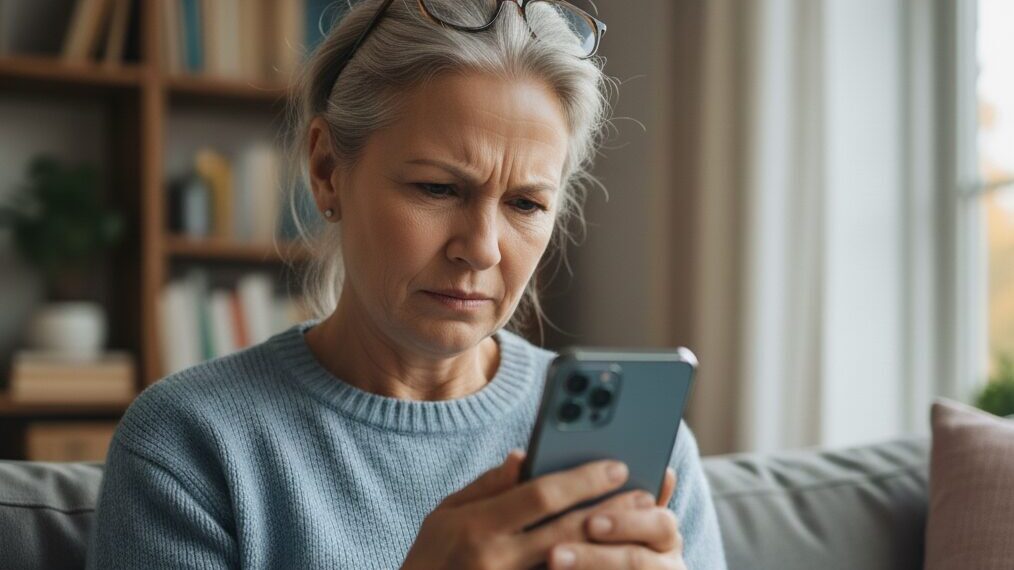Senior woman struggling to see text on phone, needs accessible fonts, squinting