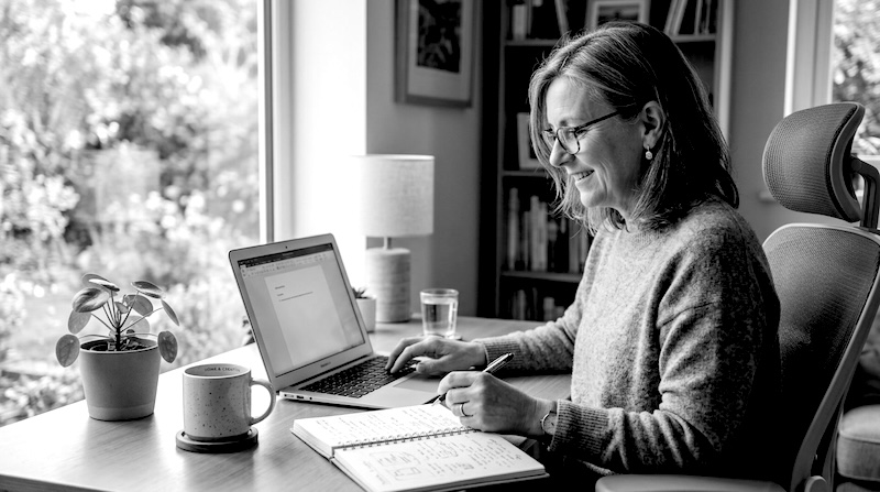 Woman in her 50's writing an outline on her laptop to turn knowledge into a digital product
