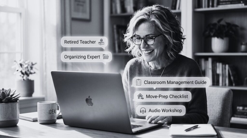 A smiling woman in her 50s sitting at her office desk, using computer to brainstorm digital product ideas using AI tool.
