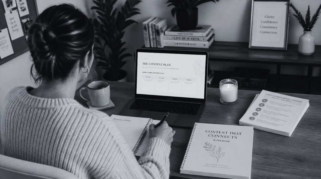 A woman at a desk seen from behind, surrounded by different types of digital products. She is choosing the right digital product for her.