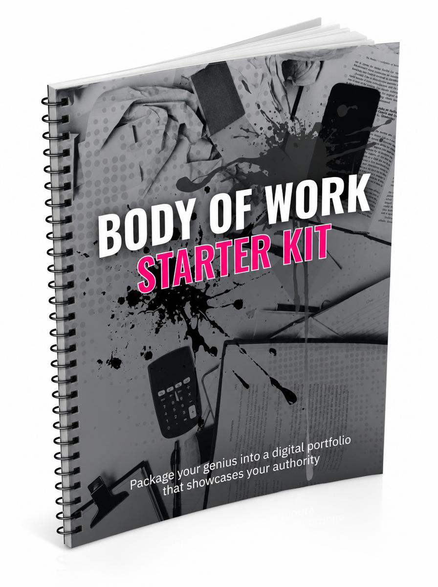 Softbound spiral ebook showing the free body of work starter kit.